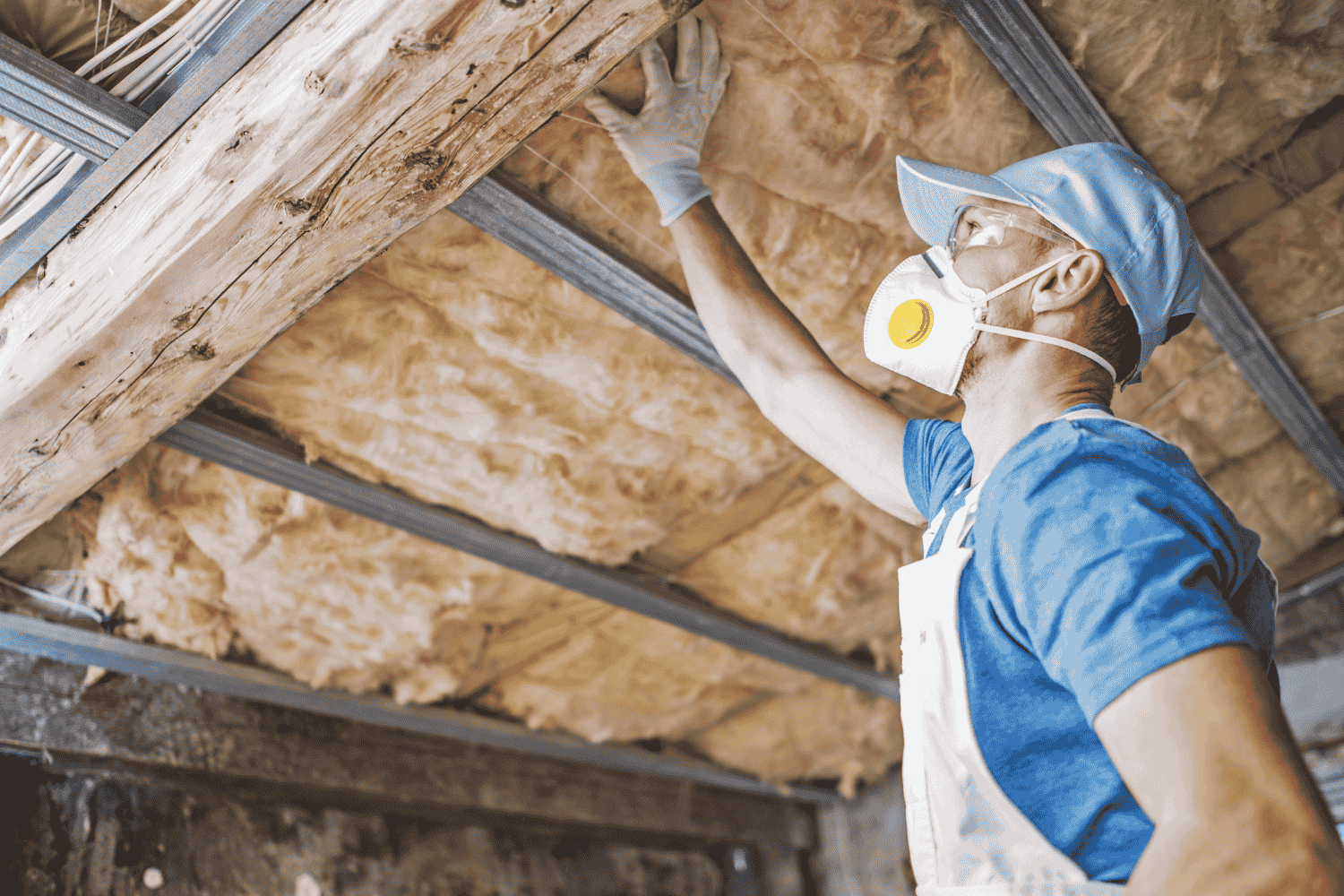 An overview of an attic showing existing insulation materials.